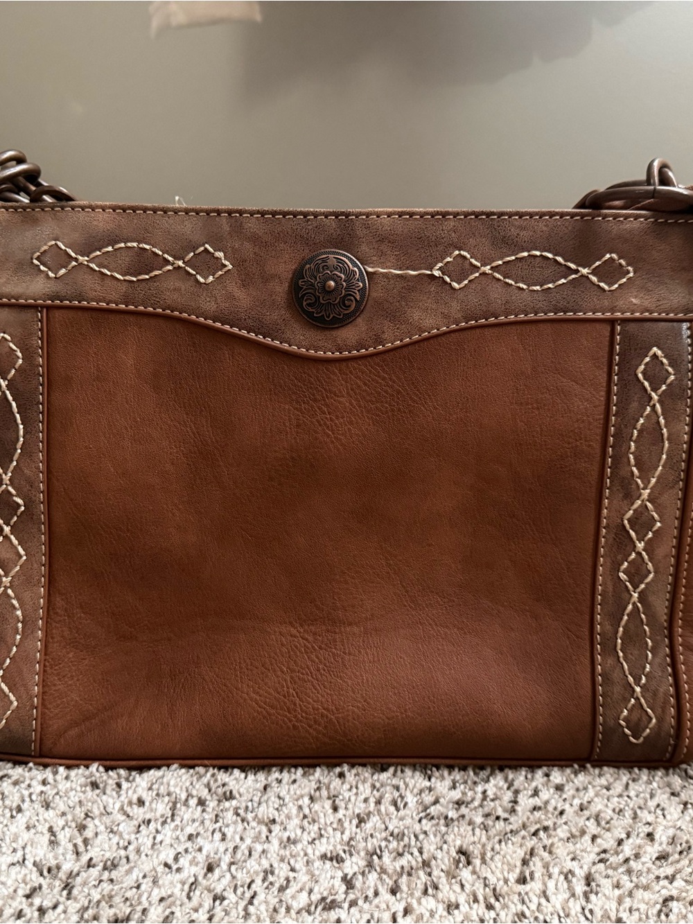 Brown Leather Shoulder Bag with Contrast Stitching